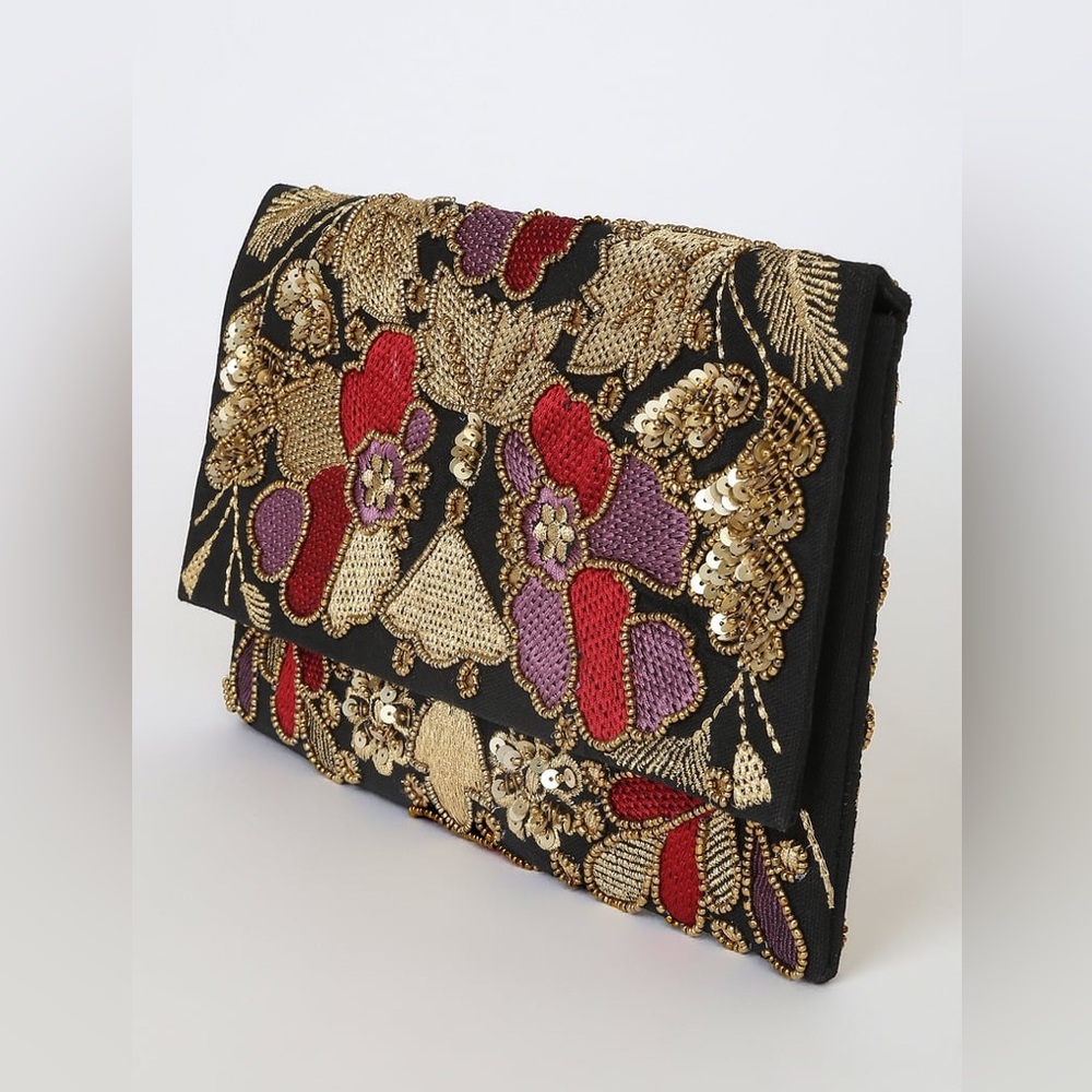 Lulus Dramatic Details Black Multi Embroidered Clutch